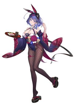 ahoge animal_ear_hairband animal_ears artist_request black_shoes blue_leotard braid breasts cleavage drink_request fake_animal_ears fishnet_pantyhose fishnets food_request game_asset hairband highres holding holding_plate huge_ahoge jewelry key large_breasts leotard long_sleeves medium_breasts multicolored_hair non-web_source official_alternate_costume pantyhose pendant plate platform_sandals playboy_bunny poker_fate purple_eyes purple_hair sandals self-datamine shoes single_braid streaked_hair suzukaze_kaoru suzukaze_kaoru_(saketini) thigh_strap transparent_background white_streaks