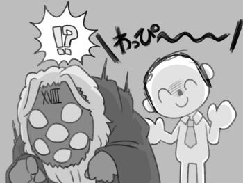 !? ^^^ ^_^ blue_archive character_request chibi closed_eyes closed_mouth collared_shirt doodle_sensei_(blue_archive) grey_background greyscale head_tilt miranofuudoria monochrome necktie sensei_(blue_archive) shirt simple_background smile spoken_interrobang translation_request