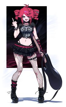 1girl absurdres ahoge bare_shoulders black_boots black_collar black_leg_warmers black_skirt boots bracelet breasts collar commentary cropped_shirt drill_hair ear_piercing fangs fingerless_gloves fishnet_pantyhose fishnets furrowed_brow gloves guitar hair_ornament hand_up highres holding holding_guitar holding_instrument instrument jewelry kasane_teto layered_skirt leg_warmers makeup medium_breasts middle_finger nail_polish nako_nko navel_piercing open_mouth pantyhose piercing platform_boots pleated_skirt red_eyes red_hair red_nails ring runny_makeup shirt short_hair single_glove single_leg_warmer skeleton_print skirt smile solo spike_piercing spiked_bracelet spiked_collar spikes striped_clothes striped_gloves tongue tongue_out tongue_piercing torn_clothes torn_pantyhose torn_shirt twin_drills untranslatable_commentary utau