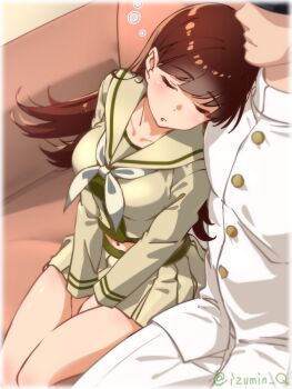 Rule 34 | 1boy, 1girl, admiral (kancolle), between legs, blush, breasts, brown hair, buttons, closed eyes, collarbone, commentary request, couch, hand between own legs, highres, izumi kuma, kantai collection, leaning on person, legs together, long hair, medium breasts, midriff, military uniform, miniskirt, navel, neckerchief, on couch, ooi (kancolle), pants, parted lips, pleated skirt, sailor collar, school uniform, shirt, sitting, skirt, sleeping, solo focus, straight hair, twitter username, white pants, white shirt, yellow neckerchief, yellow sailor collar, yellow shirt