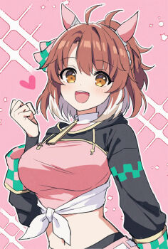 1girl ahoge animal_ears black_leggings black_shrug blush bow breasts brown_eyes brown_hair checkered_ribbon dantsu_flame_(center_spotlight)_(umamusume) dantsu_flame_(umamusume) ear_covers ear_ornament ear_ribbon hair_between_eyes heart horse_ears horse_girl large_breasts leggings leggings_under_shorts looking_at_viewer mauve midriff multicolored_hair navel open_mouth pink_shirt pink_shorts shirt shorts shrug_(clothing) smile solo teeth tied_shirt umamusume upper_body upper_teeth_only white_hair