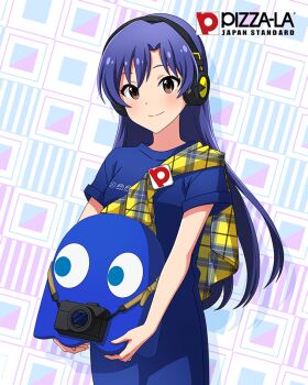 1girl blue_eyes blue_hair brown_eyes camera card_(medium) english_text ghost headphones holding idolmaster idolmaster_million_live! idolmaster_million_live!_theater_days kisaragi_chihaya official_art pac-man_(game) smile