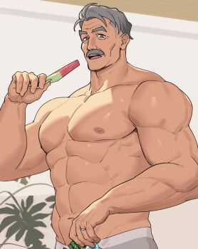 1boy abs bara cheekbones facial_hair food grey_eyes grey_hair grey_male_underwear highres holding holding_food holding_popsicle indoors jewelry looking_at_viewer male_focus male_underwear mature_male muscular muscular_male mustache old old_man open_mouth original popsicle ring sa1k0p short_hair solo topless_male underwear upper_body watermelon_bar wedding_ring window wrinkled_skin