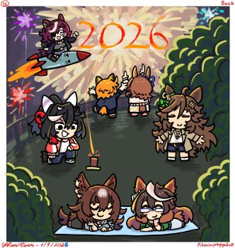 2026 6+girls ^_^ aerial_fireworks ahoge animal_ear_piercing animal_ears belt bespectacled black_eyes black_hair black_jacket black_pants black_shoes black_socks blue-framed_eyewear blue_belt blue_jacket blue_pants blue_shirt blue_shorts boots border bow bra_strap bracelet brown_belt brown_boots brown_coat brown_hair brown_shoes bush casual chibi closed_eyes coat collared_coat collared_shirt commentary dated denim denim_shorts ear_covers ear_ornament ear_ribbon english_commentary expressive_hair eyepatch fireworks floral_print from_behind glasses gold_necklace green_bow green_shirt grey_shirt hair_between_eyes hair_bow hair_ornament hairclip hand_in_own_hair hand_on_own_chin happy highres horse_ears horse_girl horse_tail jacket jeans jewelry katsuragi_ace_(casual)_(umamusume) katsuragi_ace_(umamusume) kneehighs lapels layered_sleeves leg_up letter_hair_ornament long_hair long_skirt long_sleeves looking_at_object lying medium_hair meisho_doto_(casual)_(umamusume) meisho_doto_(umamusume) messy_hair mr._c.b._(casual)_(umamusume) mr._c.b._(umamusume) multicolored_hair multiple_girls multiple_piercings necklace new_year night notched_lapels off-shoulder_shirt off_shoulder on_one_knee on_stomach open_clothes open_coat orange_hair outdoors outstretched_arms pants parallel_hairclips pendant pikminpreggedup pink_shoes pointing pointing_up ponytail print_skirt puffy_long_sleeves puffy_sleeves purple_ribbon railing red_bow red_jacket ribbed_socks ribbon riding rocket shirt shoes shorts signature sirius_symboli_(casual)_(umamusume) sirius_symboli_(umamusume) skirt smiley_face sneakers socks streaked_hair striped_clothes striped_shirt sweater symboli_rudolf_(casual)_(umamusume) symboli_rudolf_(umamusume) t.m._opera_o_(casual)_(umamusume) t.m._opera_o_(umamusume) tail tanino_gimlet_(casual)_(umamusume) tanino_gimlet_(umamusume) thick_eyebrows three-quarter_sleeves track_jacket umamusume v-shaped_eyebrows vertical-striped_clothes vertical-striped_shirt white_border white_pants white_shirt white_sweater wide-eyed yellow_skirt