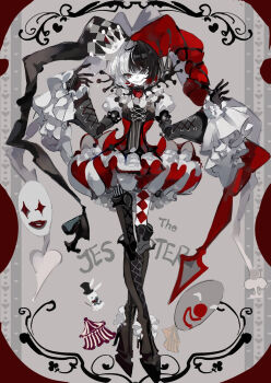 Rule 34 | anime coloring, black gloves, black hair, circlet, dragon, dragon boy, dragon horns, gemini (symbol), gloves, grok (xai), hat, highres, horns, jester, jester cap, jester costume, midjourney, non-web source, oc x canon, red eyes, thighhighs, white eyes, white hair