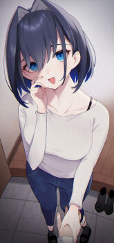 1boy 1girl absurdres aotake_iro black_hair blue_eyes blue_hair bra_strap breasts crazy crazy_eyes crazy_smile denim empty_eyes false_smile hair_intakes hand_grab hands_on_own_face highres holding hololive hololive_english jealous jeans large_breasts long_sleeves looking_at_viewer medium_hair open_mouth ouro_kronii pants shaded_face shirt smile solo virtual_youtuber white_shirt yandere