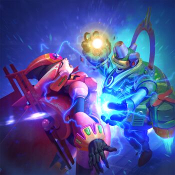 1boy 1girl android armor armored_bodysuit armored_boots armored_dress armored_gloves boots botos_(mega_man) breasts chest_jewel closed_eyes dress ferham_(mega_man) full_body gem gem_on_head glowing green_gemstone helmet highres ibrahem_swaid male_focus mechanical_wings mega_man_(series) mega_man_x_(series) non-web_source official_art pain teppen theft winged_helmet wings