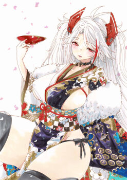 1girl azur_lane black_choker black_panties black_thighhighs breasts choker commentary_request covered_erect_nipples cup feather_boa headpiece highres holding holding_cup japanese_clothes kimono large_breasts long_hair multicolored_hair obi obiage obijime official_alternate_costume open_mouth panties pelvic_curtain print_kimono prinz_eugen_(azur_lane) prinz_eugen_(profusion_of_flowers)_(azur_lane) red_eyes red_hair sakazuki sash side-tie_panties sideless_kimono solo streaked_hair thighhighs two-tone_hair underwear uzuharu_(uduharu) white_hair