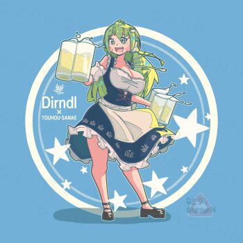 1girl alcohol apron beer beer_mug black_dress blue_background blush breasts cleavage collarbone commentary_request corset cup detached_sleeves dirndl dress frog_hair_ornament german_clothes green_eyes green_hair grin hair_ornament hair_tubes highres holding holding_cup keroyan kochiya_sanae large_breasts long_hair looking_at_viewer mug simple_background single_hair_tube smile snake_hair_ornament solo spilling touhou twitter_username