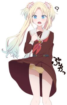 1girl ? arm_at_side blonde_hair blue_eyes brown_dress clothes_lift colored_tips commentary_request crotch_seam curtained_hair dot_nose dress dress_lift fang feet_out_of_frame flower forehead gradient_hair hair_flower hair_ornament hand_up hasu_no_sora_school_uniform highres link!_like!_love_live! long_hair long_sleeves love_live! multicolored_hair neckerchief open_mouth osawa_rurino panties pantyshot piyoyama pleated_dress red_neckerchief sailor_collar sailor_dress school_uniform simple_background solo standing straight-on twintails underwear white_background white_sailor_collar wind wind_lift yellow_panties