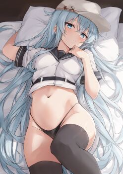 1girl black_thighhighs blue_eyes blush flat_cap grey_hair hair_between_eyes hammer_and_sickle hat hibiki_(kancolle) highres k_jie kantai_collection long_hair looking_at_viewer lying panties sailor_collar school_uniform shirt short_sleeves solo thighhighs underwear verniy_(kancolle)
