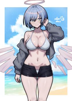 1girl absurdres angel arknights artist_name beach bikini black_shorts blue_hair blue_sky border breasts commentary commission detached_wings earrings english_commentary halo highres jewelry large_breasts looking_at_viewer midriff navel open_fly rotomdocs short_hair short_shorts shorts sky smile solo spuria_(arknights) swimsuit white_bikini white_border wings