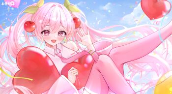 1girl absurdres balloon blush cherry_hair_ornament detached_sleeves food-themed_hair_ornament hair_ornament hatsune_miku heart_balloon highres ketyuiqu long_hair long_sleeves looking_at_viewer necktie official_alternate_costume open_mouth pink_hair pink_necktie pink_trim sakura_miku shirt sleeveless sleeveless_shirt smile solo twintails very_long_hair vocaloid white_shirt wide_sleeves