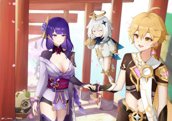 1boy 2girls aether_(genshin_impact) architecture armor asymmetrical_sleeves black_panties blue_sky blunt_bangs blurry blurry_background braid breasts bridal_gauntlets brown_gloves cherry_blossoms cleavage closed_mouth clothing_cutout cloud cloudy_sky collarbone commentary couple crop_top dress earrings east_asian_architecture english_commentary falling_petals floating flower flower_ornament bad_tag genshin_impact gloves gradient_background hair_between_eyes hair_ornament halo happy headpiece hetero holding_hands huge_breasts japanese_clothes jewelry kimono light_blush light_smile long_braid long_hair long_sleeves looking_at_another looking_to_the_side mole mole_under_eye muji-muji_daruma_(genshin_impact) multicolored_hair multiple_girls naughty_face navel off_shoulder open_mouth outdoors paimon_(genshin_impact) panties petals pink_petals purple_eyes purple_flower purple_kimono raiden_shogun red_sash sash sayu_(genshin_impact) scarf shade short_hair shoulder_armor shoulder_cutout single_braid single_earring sky standing star_(symbol) star_hair_ornament stomach thighhighs tree underwear uneven_sleeves upper_body white_dress white_hair wide_sleeves xsan_vanny