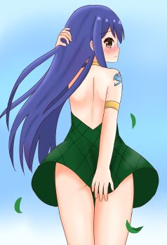 1girl absurdres adjusting_hair ahoge alternate_hairstyle arm_behind_back arm_tattoo armlet armpit_crease artist_request ass ass_peek back backless_dress backless_outfit bare_shoulders blue_hair blush brown_eyes covering_ass covering_privates dress embarrassed fairy_tail falling_leaves female_focus flat_chest from_behind gradient_background green_dress hair_down halterneck hand_on_own_head highres jewelry leaf legs_together loli long_hair looking_at_viewer looking_back no_bra no_panties profile short_dress shoulder_blades sidelocks standing tattoo thigh_gap thighs turning_head very_long_hair wardrobe_malfunction wendy_marvell wind