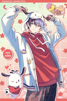 1boy aoyagi_touya arms_up black_choker blue_hair cardigan character_name choker closed_mouth commentary copyright_name cowboy_shot drawstring food hat heart highres hood hood_down hoodie ice_cream ice_cream_cone layered_clothes long_sleeves looking_at_another looking_at_viewer male_focus multicolored_hair official_alternate_costume one_eye_closed open_cardigan open_clothes pants plaid_clothes plaid_pants pochacco pocket project_sekai red_hoodie sakio1129 sanrio short_hair smile split_mouth star_(symbol) two-tone_hair
