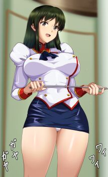 Rule 34 | 1girl, agent aika, aika (series), ascot, black ascot, black skirt, breasts, brown eyes, buttons, commentary request, covered erect nipples, covered navel, delmo commander, delmogeny uniform, double-breasted, green hair, highres, holding, indoors, jacket, juliet sleeves, long hair, long sleeves, m.i.y, medium breasts, military, military uniform, panties, pantyshot, pencil skirt, puffy sleeves, skirt, standing, underwear, white delmo, white jacket, white panties