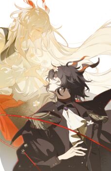 2boys ^_^ absurdres androgynous animal_ears arknights ascot backlighting bishounen black_hair black_jacket black_shirt black_vest black_vs_white closed_eyes daisy_(flower) dengta512 ebenholz_(arknights) floating_hair flower formal_clothes frilled_sleeves frills gem goat_ears goat_horns grin head_back highres horns jacket kreide_(arknights) long_hair looking_at_another male_focus multiple_boys parted_lips puffy_sleeves purple_eyes purple_gemstone shirt smile suit upper_body very_long_hair vest wavy_hair white_ascot white_hair white_shirt