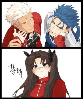 1girl 2boys archer_(fate) armor black_hair blue_bodysuit blue_eyes blue_hair blush bodysuit caressing_cheek covered_abs cu_chulainn_(fate) cu_chulainn_(fate/stay_night) cu_chulainn_(lancer)_(fate) dark-skinned_male dark_skin fate/stay_night fate_(series) highres holding_another's_wrist long_hair multiple_boys onyajj pauldrons pectorals ponytail red_eyes red_sweater short_hair shoulder_armor spiked_hair sweatdrop sweater teasing tohsaka_rin toned toned_male twintails two_side_up upper_body white_hair