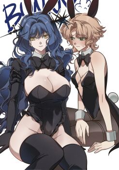Rule 34 | 2girls, absurdres, alternate costume, alternate hairstyle, animal ears, arcana (reverse:1999), bare shoulders, black bow, black bowtie, black gloves, black leotard, black pantyhose, black shrug, black thighhighs, blonde hair, blue hair, bow, bowtie, breasts, cleavage, commentary request, cowboy shot, detached collar, druvis iii, embarrassed, fake animal ears, furrowed brow, gloves, green eyes, highres, korean commentary, large breasts, leotard, long hair, looking at viewer, low twintails, medium breasts, multiple girls, pantyhose, playboy bunny, plunging neckline, rabbit ears, rabbit tail, reverse:1999, short hair, shrug (clothing), sitting, strapless, strapless leotard, sweat, tail, thighhighs, twintails, unhyang, very long hair, wand in head, white background, white wrist cuffs, wrist cuffs, yellow eyes