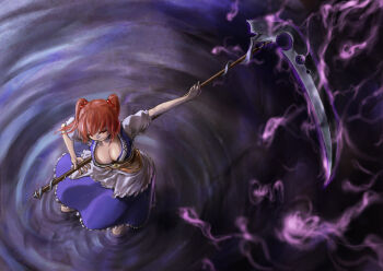 1girl alternate_weapon breasts cleavage female_focus hair_ornament kath large_breasts onozuka_komachi red_eyes red_hair ripples scythe short_hair smirk solo touhou twintails two_side_up wading water weapon