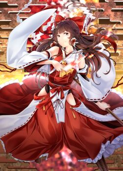 1girl arkatopia ascot bare_shoulders between_fingers blurry blurry_background boots bow brown_boots brown_eyes brown_hair clothing_cutout collar commentary_request detached_sleeves egasumi fire frilled_bow frilled_collar frilled_hair_tubes frills gohei hair_bow hair_tubes hakurei_reimu highres hip_vent holding holding_gohei light_smile long_hair ofuda ofuda_between_fingers red_bow red_ribbon red_shirt red_skirt ribbon shirt skirt solo tassel touhou white_collar white_sleeves yellow_ascot
