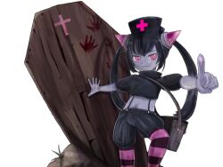 Rule 34 | 1girl, bag, black hair, black hat, black shirt, black shorts, bmp-to-png conversion, brown bag, chrome (mon-musu quest!), closed mouth, coffin, colored skin, cowboy shot, crop top, cross, demon girl, dirt, game cg, gloves, grey skin, hand on wall, hat, horizontal-striped thighhighs, horns, index finger raised, knee up, long hair, looking at viewer, midriff, mon-musu quest!, non-web source, nurse cap, pink eyes, pink horns, pink thighhighs, puffy short sleeves, puffy sleeves, purple thighhighs, red cross, ringed eyes, rubber gloves, serious, shirt, short sleeves, shorts, shoulder bag, simple background, solo, spoilers, suspender shorts, suspenders, thighhighs, transparent background, twintails, un do