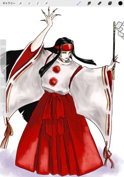 Rule 34 | 1girl, black hair, detached sleeves, female focus, gohei, hakama, hakama skirt, headband, highres, japanese clothes, long hair, miko, official art, rashoujin mizuki, red hakama, retro artstyle, samurai spirits, shide, skirt, snk, solo, wide sleeves