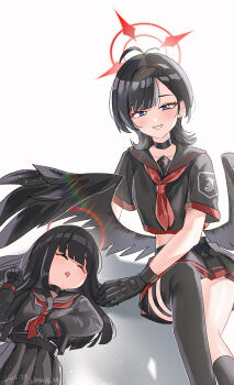2girls :d absurdres adapted_costume ahoge alternate_hair_length alternate_hairstyle artist_name asymmetrical_legwear black_choker black_gloves black_hair black_sailor_collar black_serafuku black_shirt black_skirt black_thighhighs black_wings blue_archive blue_eyes blunt_bangs blush choker commentary convenient_leg dated drooling eyebrows_hidden_by_hair feathered_wings feet_out_of_frame film_grain gloves grin hair_ornament hair_spread_out hairclip halo hand_up highres hime_cut ichika_(blue_archive) justice_task_force_member_(blue_archive) knee_up lens_flare long_hair looking_at_viewer low_wings lying medium_hair midriff miniskirt mismatched_legwear mouth_drool multiple_girls neckerchief on_back open_mouth pleated_skirt red_halo red_neckerchief sailor_collar school_uniform serafuku shangdi_de_fa_zhang shirt short_sleeves sidelocks simple_background single_thighhigh sitting skirt smile thigh_strap thighhighs tsurime unusually_open_eyes white_background wings wolf_cut