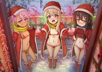 3girls bikini black_hair blonde_hair book breasts brown_eyes chloe_von_einzbern christmas christmas_ornaments dark-skinned_female dark_skin doorway fate/grand_order fate/kaleid_liner_prisma_illya fate_(series) gloves hair_ornament hairclip hat holding holding_book illyasviel_von_einzbern kaschmatz long_hair looking_at_viewer micro_bikini miyu_edelfelt multiple_girls open_mouth pale_skin pink_eyes pink_hair santa_costume santa_hat scarf small_breasts snow swimsuit tagme tongue tongue_out