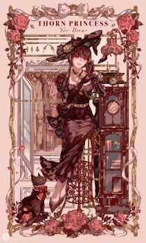 Rule 34 | 1girl, absurdres, antique phone, black cat, black choker, black dress, black gloves, black hair, black hat, black shoes, bow, bowtie, breasts, cat, chaoxibumian, character name, choker, clock, closet, clothes hanger, commentary, dress, falling petals, flower, full body, gloves, hair between eyes, hat, highres, long dress, long hair, medium breasts, open mouth, petals, red bow, red bowtie, red eyes, red flower, red petals, red rose, rose, shoes, sidelocks, sitting, smile, spy x family, sun hat, symbol-only commentary, talking on phone, wide brim, yor briar