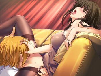 1boy 1girl black_hair blonde_hair blush breasts censored choukou_(alicesoft) choukou_tenshi_escalayer closed_eyes couch covered_erect_nipples cunnilingus curtains game_cg garter_belt garter_straps hand_on_another's_head head_back hetero indoors jewelry kiritani_ryouko large_breasts long_hair mosaic_censoring nipples non-web_source official_art onigirikun open_mouth oral orgasm pink_nails ring saliva see-through_clothes sitting spread_legs sweat thighhighs tongue variant_set wedding_ring