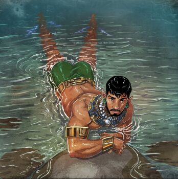 1boy armlet ass bara beard black_panther:_wakanda_forever black_panther_(series) dark-skinned_male dark_skin earrings expressionless facial_hair foreshortening full_beard full_body gold highres jewelry looking_at_viewer lying male_focus marvel mature_male michael_dimotta mustache namor necklace on_stomach pointy_ears sanpaku short_hair solo toned toned_male topless_male tribal wet wet_clothes wet_hair