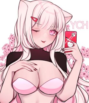 1girl absurdres animal_ears black_nails black_shrug breasts cat_ears cat_girl cellphone commentary commission english_commentary fingernails hair_ornament hairclip hand_on_own_chest hello_kitty hello_kitty_(character) highres holding holding_phone large_breasts long_hair looking_at_viewer nail_polish one_eye_closed original phone pink_eyes pink_hair rosheil sanrio selfie short_sleeves shrug_(clothing) smartphone smile solo tongue tongue_out upper_body white_background ych_commission