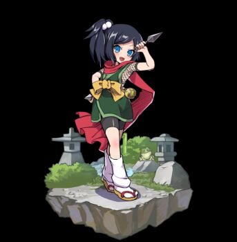 Rule 34 | bamboo, bike shorts, black background, black hair, blue eyes, blush, bow, fang, fishnet top, fishnets, frog, full body, green kimono, hand on own hip, hand up, highres, holding, holding kunai, holding weapon, iroha (merc storia), japanese clothes, kimono, kunai, long scarf, merc storia, merc storia art team, ninja, official art, open mouth, red scarf, scarf, short kimono, short sleeves, side ponytail, sidelocks, simple background, sleeveless, sleeveless kimono, smile, socks, solo, standing, tachi-e, v-shaped eyebrows, waraji, weapon, white socks, yellow bow