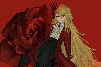 Rule 34 | 1girl, ascot, black pants, blonde hair, brown corset, closed mouth, coat, corset, don quixote (project moon), eyelashes, flower, hair flower, hair ornament, highres, limbus company, long hair, open clothes, open coat, pants, project moon, red background, red coat, red eyes, red flower, red rose, rose, rugatu to, sancho (project moon), shirt, simple background, solo, standing, very long hair, white ascot, white shirt