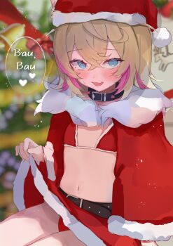 animal_ears bell belt bikini black_collar blonde_hair blue_eyes blush breasts capelet christmas christmas_ornaments christmas_tree collar commentary_request dog_ears dog_girl dress english_text fur-trimmed_bikini fur-trimmed_capelet fur-trimmed_dress fur-trimmed_headwear fur_trim hat highres hololive hololive_english lifting_own_clothes looking_at_viewer mecha_neruko miniskirt mococo_abyssgard multicolored_hair navel open_mouth panties pantyshot pink_hair red_bikini red_capelet red_dress red_hat red_panties santa_bikini santa_costume santa_dress santa_hat short_hair skirt small_breasts streaked_hair swimsuit underwear virtual_youtuber