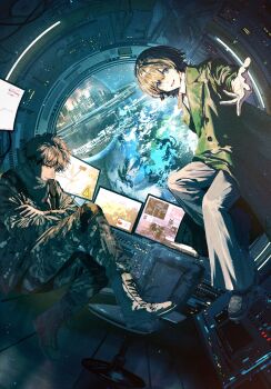 Rule 34 | 2boys, absurdres, blue eyes, boots, commentary request, control panel overlay, cover image, earth (planet), highres, laces, male focus, monitor, multiple boys, offering hand, original, planet, reaching, reaching towards viewer, short hair, sky, space, space station, star (sky), starry sky, syo5, white hair, zero gravity