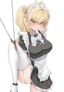 113hue 1girl absurdres alternate_costume apron black_dress black_panties black_shoes blonde_hair blush breasts closed_mouth commentary_request cowboy_shot dress enmaided garter_straps highres large_breasts leg_lift long_hair luciana_de_montefio maid maid_apron maid_headdress panties pantyshot red_eyes shoes short_dress side_ponytail simple_background solo underwear v-shaped_eyebrows waist_apron white_apron white_background white_garter_straps zenless_zone_zero