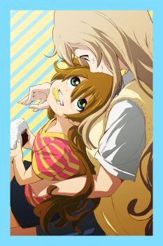 Rule 34 | 10s, 2girls, 71 (nanaichi drafting), amaama to inazuma, blonde hair, crossover, food, inuzuka tsumugi, k-on!, kotobuki tsumugi, long hair, looking at another, multiple girls, name connection, onigiri, school uniform, smile