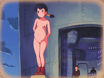 1girl 2boys arms_behind_back black_eyes black_hair breasts censored completely_nude exhibitionism lana_(mirai_shounen_conan) loli mirai_shounen_conan mosaic_censoring multiple_boys navel nipples nippon_animation nude pregnant public_indecency pussy shoes sky_clouds small_breasts standing twintails wind wind_lift