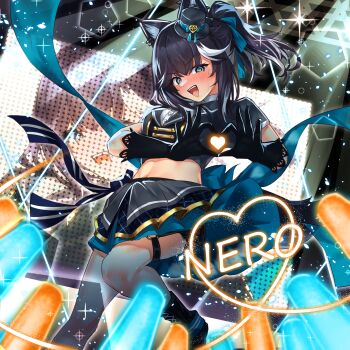 1girl @_@ absurdres animal_ear_piercing animal_ears black_boots black_gloves black_hair black_jacket blue_eyes blue_skirt blush boots breasts character_name commentary_request cowboy_shot dog_ears dog_girl dog_tail embarrassed gloves glowstick hair_between_eyes heart heart_hands heart_in_heart_hands highres idol idol_clothes jacket kmnz light_particles looking_at_viewer medium_breasts medium_hair midriff miniskirt mob_hz multicolored_hair nero_(kmnz) open_mouth short_sleeves skirt smile solo stage stage_lights streaked_hair tail thigh_strap v-shaped_eyebrows virtual_youtuber white_streaks