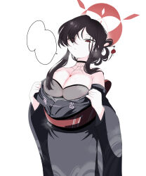 Rule 34 | 1girl, absurdres, bare shoulders, bentic, black hair, blue archive, breasts, choker, cleavage, halo, highres, japanese clothes, kimono, kokuriko (blue archive), long hair, obi, off shoulder, red eyes, sash, simple background, solo, speech bubble, white background