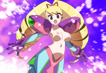 1girl armor blonde_hair bow breasts em_wave_change_(mega_man) gloves hair_bow henshin kaidou_zx long_hair luna_platz_(mega_man) mega_man_(series) mega_man_star_force_(series) navel nipples open_mouth purple_gloves queen_ophiuca_(mega_man) red_bow shoulder_armor surprised variant_set very_long_hair