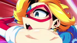 &gt;_&lt; 2024 4girls action ahoge american_flag_dress animated arm_blade armor black_thighhighs blonde_hair blue_footwear blue_hair boots brass_knuckles breasts cleavage cleavage_cutout clenched_teeth close-up clothing_cutout commentary cryokinesis domino_mask dress earrings elbow_gloves energy energy_beam english_commentary explosion eye_mask fingerless_gloves fire foreshortening frozen geokinesis gloves green_eyes hair_ornament hair_stick hairband hairclip high_heel_boots high_heels highres ice jewelry kamen_america kamen_america_(comic) kamen_comet kamen_ramen kamen_terra kamen_victory karlsia large_breasts laser long_hair mask medium_breasts midair motion_lines multiple_girls orange_hair perspective ponytail pyrokinesis red-tinted_eyewear red_footwear red_hair ribbon rock serious short_hair speed_lines spread_fingers star_(symbol) star_earrings sunglasses superhero_costume teeth thigh_boots thighhighs throwing thrusters tinted_eyewear tripping two-tone_dress two-tone_gloves upskirt v-shaped_eyebrows very_long_hair video weapon yellow_dress yellow_gloves