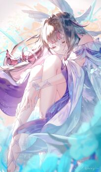 1girl absurdres bare_shoulders batory_ken black_hair closed_eyes closed_mouth columbina_(genshin_impact) commentary dress eye_mask genshin_impact hair_intakes hair_ribbon head_wings highres long_hair mask multicolored_hair pink_hair revision ribbon signature smile solo twitter_username two-tone_hair very_long_hair white_dress white_ribbon white_wings wings wrist_ribbon