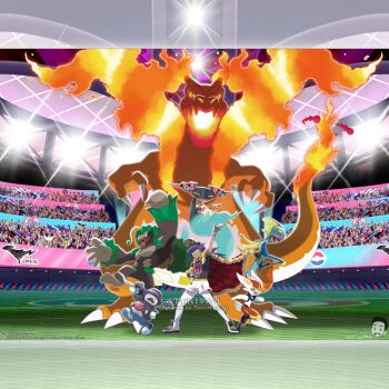 1boy arm_up artist_name black_shirt black_shoes bright_pupils cane cape champion_uniform charizard checkered_cape checkered_clothes cinderace claws clenched_hand closed_mouth commentary company_name copyright_name copyright_notice crowd dragapult dragon dreepy dynamax dynamax_band english_commentary facial_hair fangs fiery_wings fire flame-tipped_tail floating full_body full_nelson fur-trimmed_cape fur_trim gen_1_pokemon gen_8_pokemon gigantamax gigantamax_charizard gloves holding holding_cane instagram_username inteleon leon_(pokemon) long_hair male_focus merchandise_available mismatched_facial_hair mr._rime mustache nintendo nostrils open_mouth orange_eyes pants pants_under_shorts pokemon pokemon_(creature) pokemon_swsh purple_hair red_cape red_clouds rillaboom shirt shoes short_sleeves shorts single_glove smile stadium stadium_lights standing standing_on_one_leg tail tom_higgins white_pants white_pupils white_shorts wings yellow_eyes