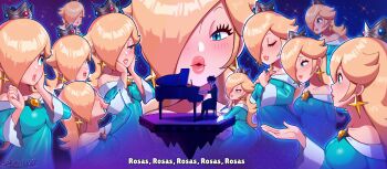 1boy 6+girls absurdres artist_self-insert blonde_hair blue_eyes blush crown dress floating_rock hair_over_one_eye highres instrument light_blue_dress mario_(series) mini_crown multiple_girls music nintendo parody piano playing_instrument playing_piano puckered_lips rosalina sarukaiwolf smile strapless strapless_dress super_mario_galaxy the_super_mario_bros._movie
