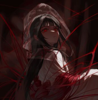 1girl black_hair blunt_bangs commentary_request dhlrhkrwnals e.g.o_(project_moon) eyelashes great_trichiliocosm_(e.g.o) highres japanese_clothes kimono limbus_company long_hair looking_at_viewer project_moon red_eyes ryoshu_(project_moon) shiromuku solo string uchikake wataboushi