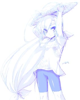 Rule 34 | 1girl, antenna hair, arms up, asymmetrical bangs, bike shorts, blush, breasts, closed mouth, commentary request, feet out of frame, greyscale, hair ribbon, highres, holding, holding above head, holding toy, huge antenna hair, iseno yajin, long hair, looking at viewer, low-tied long hair, monochrome, original, print shirt, ribbon, shirt, short sleeves, simple background, small breasts, smile, solo, standing, sun print, t-shirt, toy, translation request, very long hair